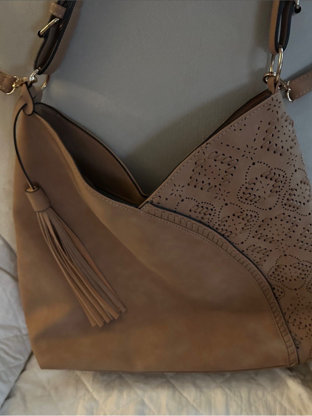 Target Taupe Hobo Bag with Tassel and Laser-Cut Detail